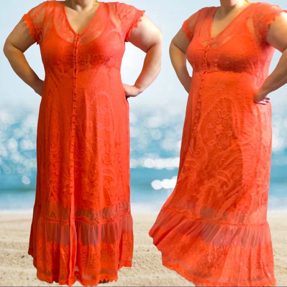 Torrid Lace Coral Button Front Skater Maxi Dress Sizes: 1XL 2XL  3XL NWT - Picture 6 of 16